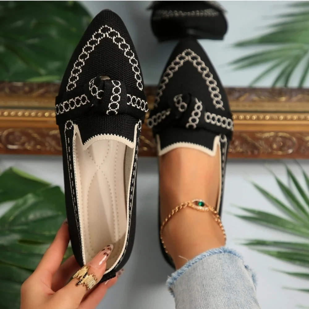 Knitted Slip-On Loafer Flats with Bow - Picture 1 of 3